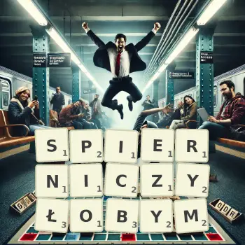 Kreatywna ilustracja do gry w Scrabble ze słowem SPIERNICZYŁOBYM ułożonym z płytek na planszy.