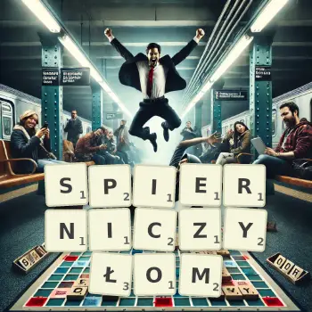 Kreatywna ilustracja do gry w Scrabble ze słowem SPIERNICZYŁOM ułożonym z płytek na planszy.
