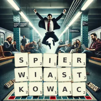 Kreatywna ilustracja do gry w Scrabble ze słowem SPIERWIASTKOWAC ułożonym z płytek na planszy.