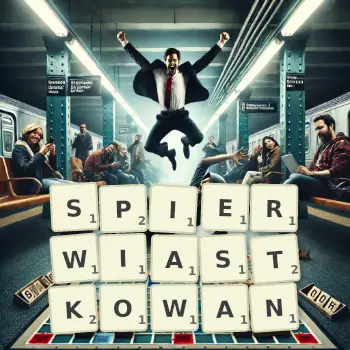 Kreatywna ilustracja do gry w Scrabble ze słowem SPIERWIASTKOWAN ułożonym z płytek na planszy.