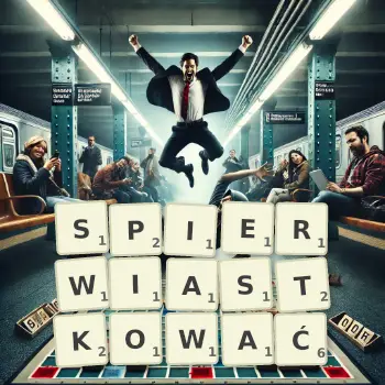 Kreatywna ilustracja do gry w Scrabble ze słowem SPIERWIASTKOWAĆ ułożonym z płytek na planszy.