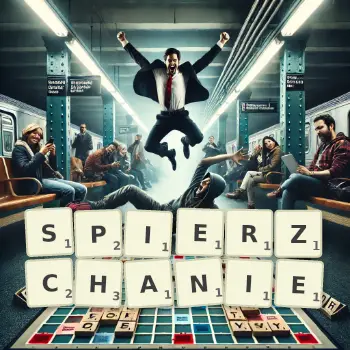 Kreatywna ilustracja do gry w Scrabble ze słowem SPIERZCHANIE ułożonym z płytek na planszy.