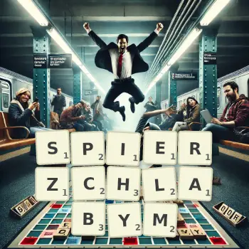 Kreatywna ilustracja do gry w Scrabble ze słowem SPIERZCHLABYM ułożonym z płytek na planszy.