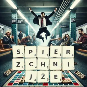 Kreatywna ilustracja do gry w Scrabble ze słowem SPIERZCHNIJŻE ułożonym z płytek na planszy.