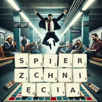 Kreatywna ilustracja do gry w Scrabble ze słowem SPIERZCHNIĘCIA ułożonym z płytek na planszy.