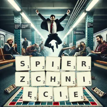 Kreatywna ilustracja do gry w Scrabble ze słowem SPIERZCHNIĘCIE ułożonym z płytek na planszy.