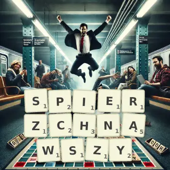 Kreatywna ilustracja do gry w Scrabble ze słowem SPIERZCHNĄWSZY ułożonym z płytek na planszy.