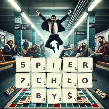 Kreatywna ilustracja do gry w Scrabble ze słowem SPIERZCHŁOBYŚ ułożonym z płytek na planszy.