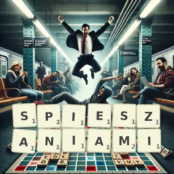 Kreatywna ilustracja do gry w Scrabble ze słowem SPIESZANIAMI ułożonym z płytek na planszy.