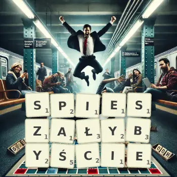 Kreatywna ilustracja do gry w Scrabble ze słowem SPIESZAŁYBYŚCIE ułożonym z płytek na planszy.