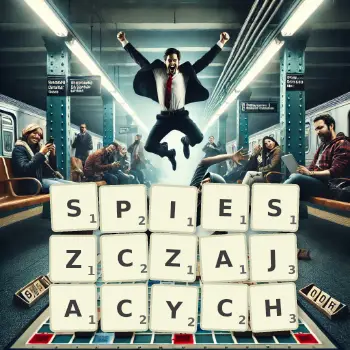 Kreatywna ilustracja do gry w Scrabble ze słowem SPIESZCZAJACYCH ułożonym z płytek na planszy.