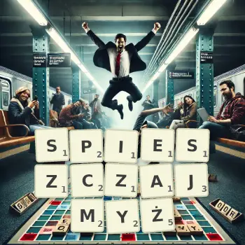 Kreatywna ilustracja do gry w Scrabble ze słowem SPIESZCZAJMYŻ ułożonym z płytek na planszy.
