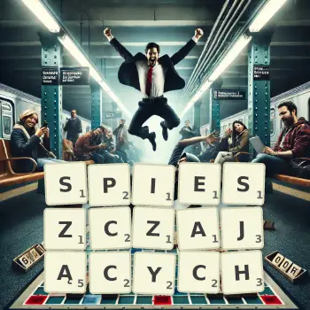 Kreatywna ilustracja do gry w Scrabble ze słowem SPIESZCZAJĄCYCH ułożonym z płytek na planszy.