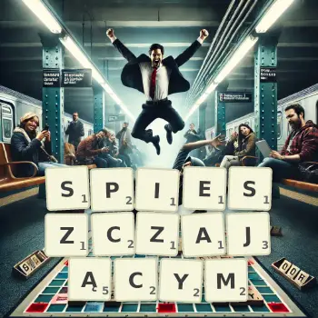 Kreatywna ilustracja do gry w Scrabble ze słowem SPIESZCZAJĄCYM ułożonym z płytek na planszy.