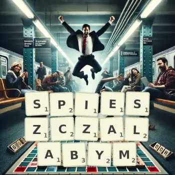 Kreatywna ilustracja do gry w Scrabble ze słowem SPIESZCZALABYM ułożonym z płytek na planszy.