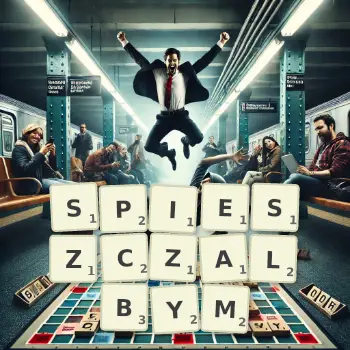 Kreatywna ilustracja do gry w Scrabble ze słowem SPIESZCZALBYM ułożonym z płytek na planszy.