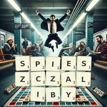Kreatywna ilustracja do gry w Scrabble ze słowem SPIESZCZALIBY ułożonym z płytek na planszy.