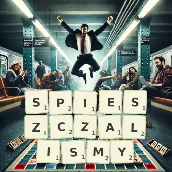 Kreatywna ilustracja do gry w Scrabble ze słowem SPIESZCZALISMY ułożonym z płytek na planszy.