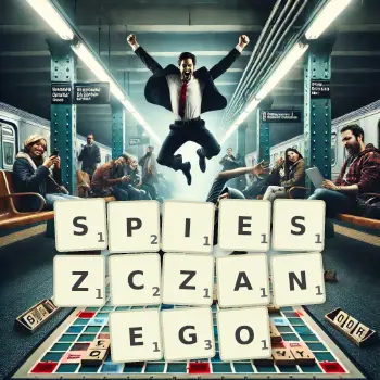 Kreatywna ilustracja do gry w Scrabble ze słowem SPIESZCZANEGO ułożonym z płytek na planszy.