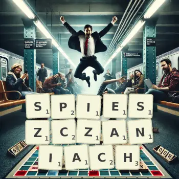 Kreatywna ilustracja do gry w Scrabble ze słowem SPIESZCZANIACH ułożonym z płytek na planszy.