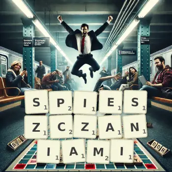 Kreatywna ilustracja do gry w Scrabble ze słowem SPIESZCZANIAMI ułożonym z płytek na planszy.