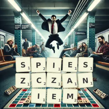 Kreatywna ilustracja do gry w Scrabble ze słowem SPIESZCZANIEM ułożonym z płytek na planszy.
