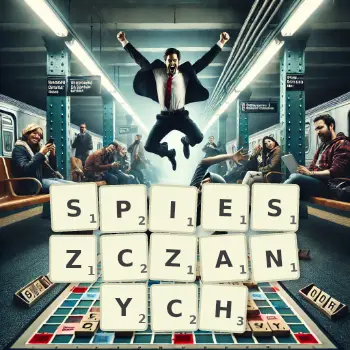 Kreatywna ilustracja do gry w Scrabble ze słowem SPIESZCZANYCH ułożonym z płytek na planszy.