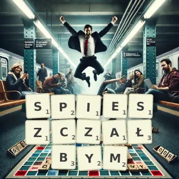 Kreatywna ilustracja do gry w Scrabble ze słowem SPIESZCZAŁBYM ułożonym z płytek na planszy.