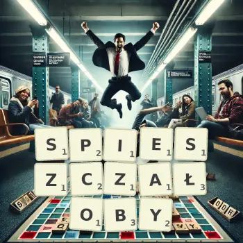 Kreatywna ilustracja do gry w Scrabble ze słowem SPIESZCZAŁOBY ułożonym z płytek na planszy.