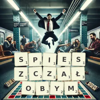 Kreatywna ilustracja do gry w Scrabble ze słowem SPIESZCZAŁOBYM ułożonym z płytek na planszy.