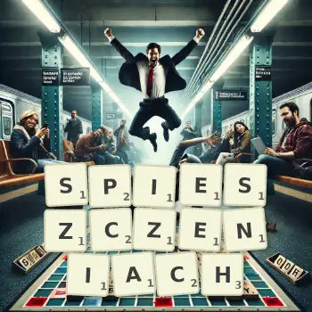 Kreatywna ilustracja do gry w Scrabble ze słowem SPIESZCZENIACH ułożonym z płytek na planszy.