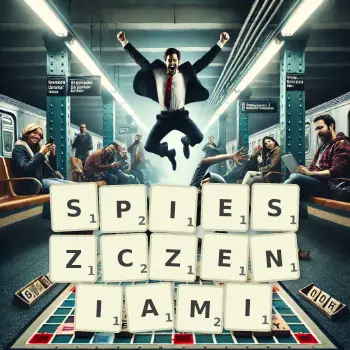 Kreatywna ilustracja do gry w Scrabble ze słowem SPIESZCZENIAMI ułożonym z płytek na planszy.