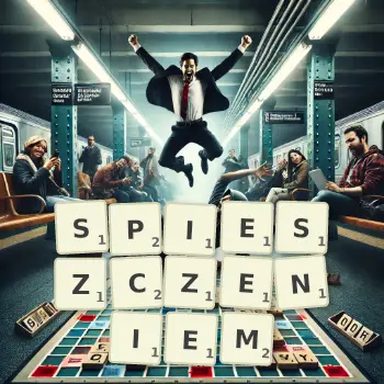 Kreatywna ilustracja do gry w Scrabble ze słowem SPIESZCZENIEM ułożonym z płytek na planszy.