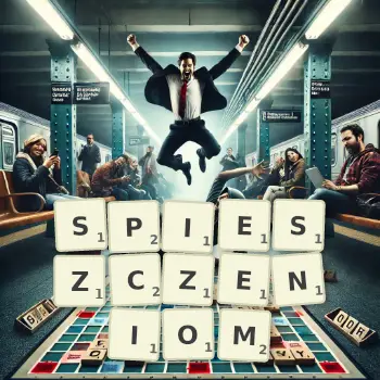 Kreatywna ilustracja do gry w Scrabble ze słowem SPIESZCZENIOM ułożonym z płytek na planszy.