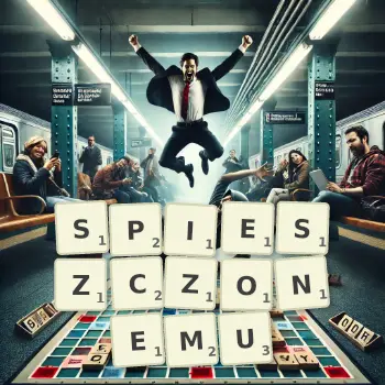 Kreatywna ilustracja do gry w Scrabble ze słowem SPIESZCZONEMU ułożonym z płytek na planszy.