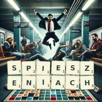 Kreatywna ilustracja do gry w Scrabble ze słowem SPIESZENIACH ułożonym z płytek na planszy.