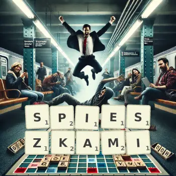 Kreatywna ilustracja do gry w Scrabble ze słowem SPIESZKAMI ułożonym z płytek na planszy.