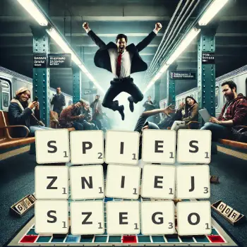 Kreatywna ilustracja do gry w Scrabble ze słowem SPIESZNIEJSZEGO ułożonym z płytek na planszy.