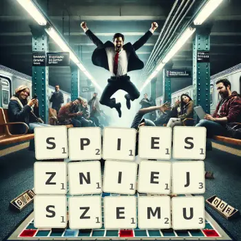 Kreatywna ilustracja do gry w Scrabble ze słowem SPIESZNIEJSZEMU ułożonym z płytek na planszy.