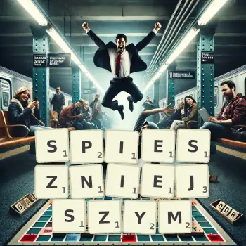 Kreatywna ilustracja do gry w Scrabble ze słowem SPIESZNIEJSZYM ułożonym z płytek na planszy.