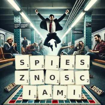 Kreatywna ilustracja do gry w Scrabble ze słowem SPIESZNOSCIAMI ułożonym z płytek na planszy.