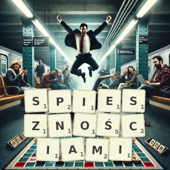 Kreatywna ilustracja do gry w Scrabble ze słowem SPIESZNOŚCIAMI ułożonym z płytek na planszy.
