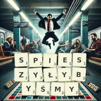 Kreatywna ilustracja do gry w Scrabble ze słowem SPIESZYŁYBYŚMY ułożonym z płytek na planszy.