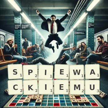 Kreatywna ilustracja do gry w Scrabble ze słowem SPIEWACKIEMU ułożonym z płytek na planszy.