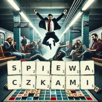 Kreatywna ilustracja do gry w Scrabble ze słowem SPIEWACZKAMI ułożonym z płytek na planszy.