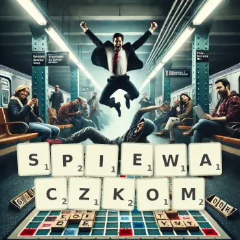 Kreatywna ilustracja do gry w Scrabble ze słowem SPIEWACZKOM ułożonym z płytek na planszy.