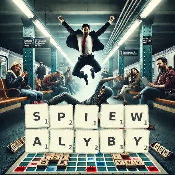 Kreatywna ilustracja do gry w Scrabble ze słowem SPIEWALYBY ułożonym z płytek na planszy.