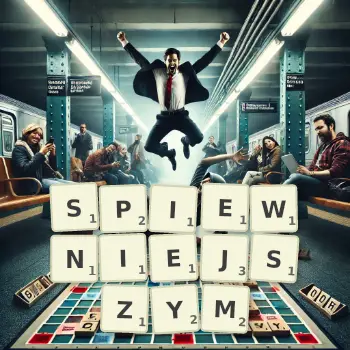 Kreatywna ilustracja do gry w Scrabble ze słowem SPIEWNIEJSZYM ułożonym z płytek na planszy.