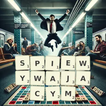 Kreatywna ilustracja do gry w Scrabble ze słowem SPIEWYWAJACYM ułożonym z płytek na planszy.