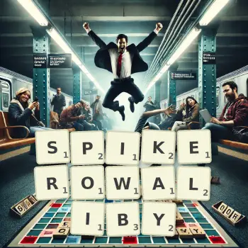 Kreatywna ilustracja do gry w Scrabble ze słowem SPIKEROWALIBY ułożonym z płytek na planszy.